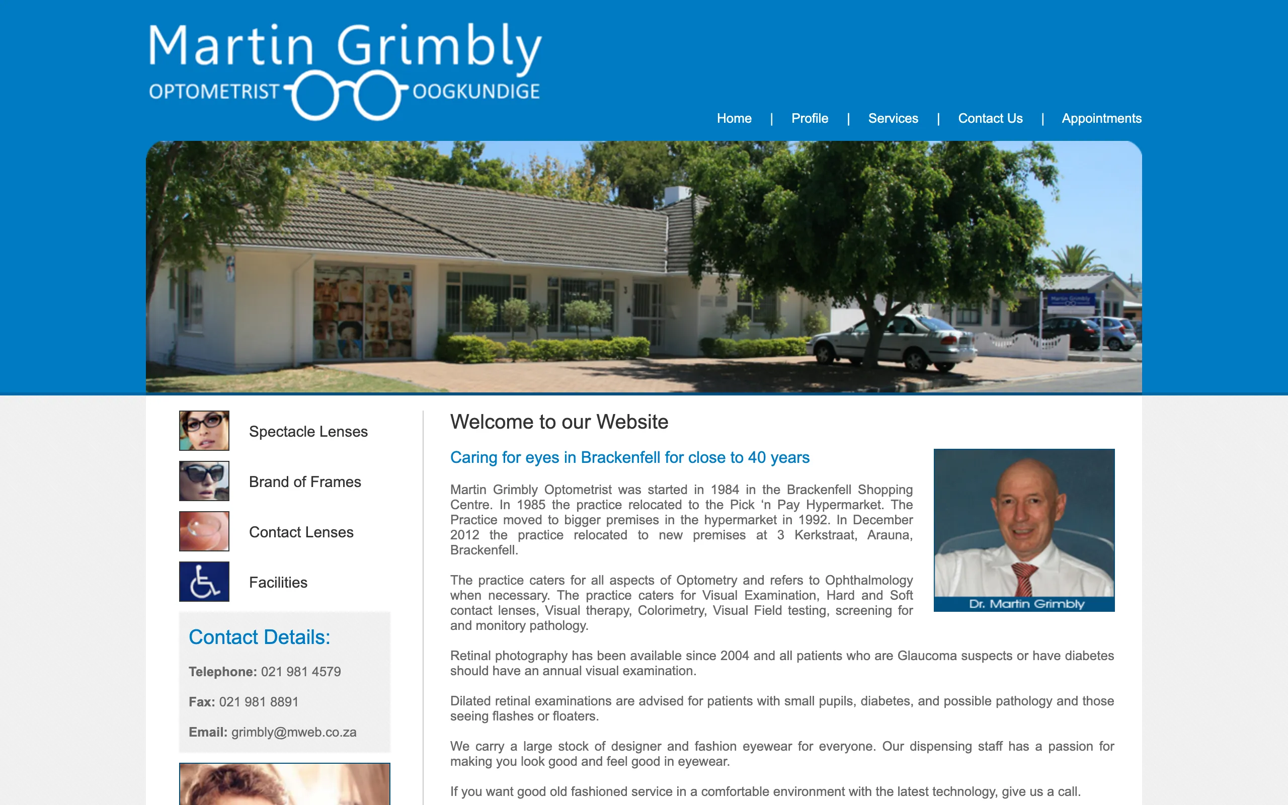 The previous Martin Grimbly Optometrist website, a fixed-width design from 2012